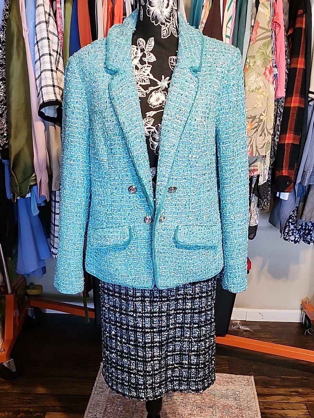 Turquoise Bouclé Double-Button Blazer Jacket - Women